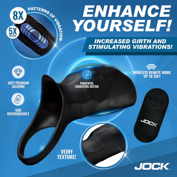 Product advertisement for a Jock device with features highlighted on a blue background
