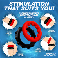 Red and black ring product with usage instructions on a blue background, featuring the brand 'JOCK'.