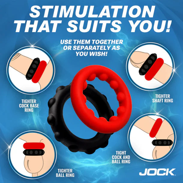 Red and black ring product with usage instructions on a blue background, featuring the brand 'JOCK'.