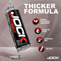Jock Extreme thicker water-based lubricant in a clear squeeze bottle with a black and red label, shown with text reading 'THICKER FORMULA' and feature icons for natural water-based lubrication, easy cleanup, fragrance-free, and toy safe.