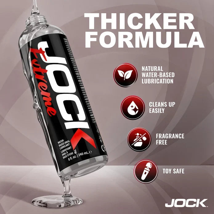 Jock Extreme thicker water-based lubricant in a clear squeeze bottle with a black and red label, shown with text reading 'THICKER FORMULA' and feature icons for natural water-based lubrication, easy cleanup, fragrance-free, and toy safe.