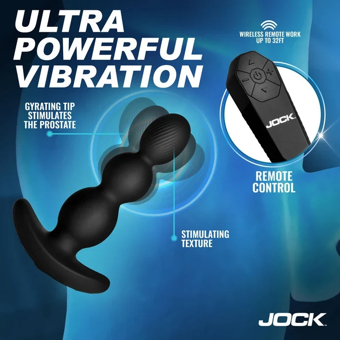 Black prostate stimulator with remote control on a blue background, featuring Jock branding.