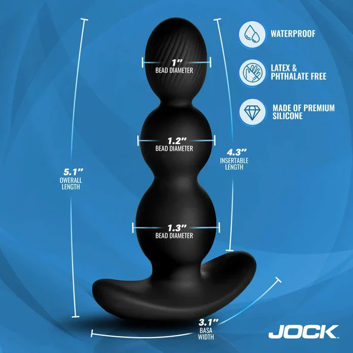 Black silicone product with measurements and features on a blue background, featuring the brand 'JOCK'.