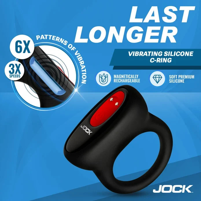 Vibrating silicone C-ring with Jock branding on a blue background