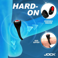 Product advertisement for 'Hard-On' with removable vibrator feature on a blue background, featuring the brand 'Jock'.