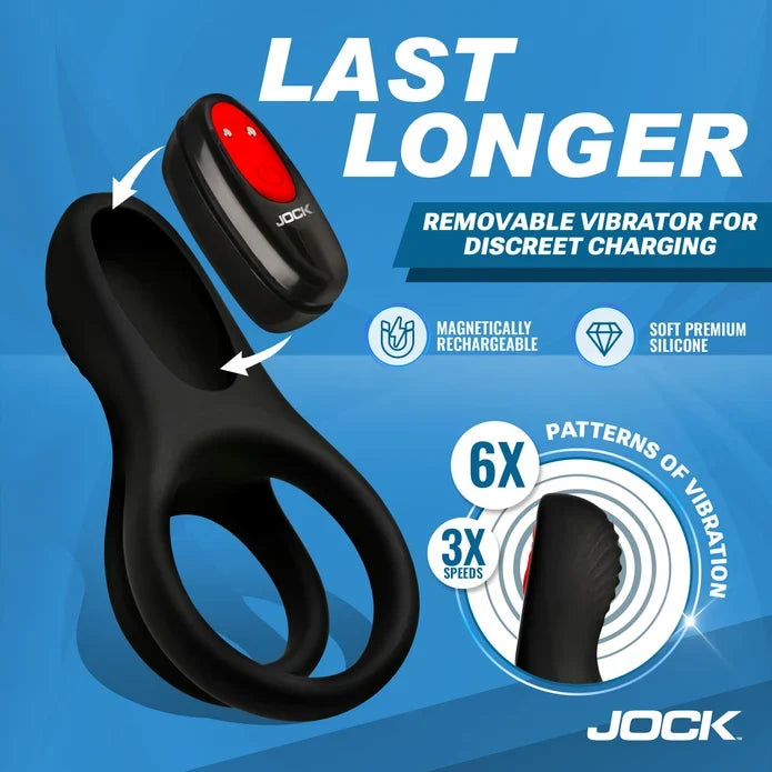 Black Jock product with red button on blue background, featuring text about features and benefits.