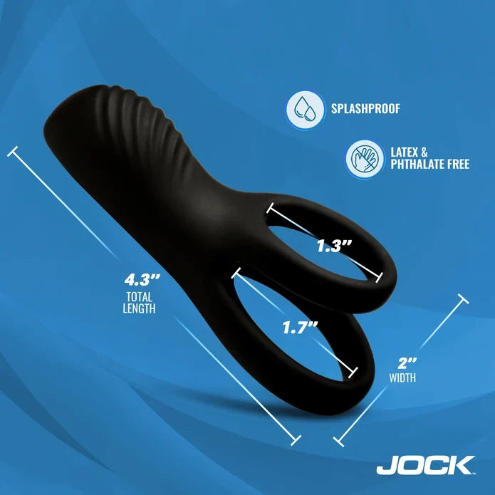 Black cock ring with measurements and product features on a blue background, featuring the brand 'JOCK'.