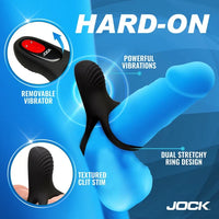 Sexual product with features highlighted on a blue background, featuring the brand 'Jock'.