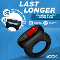 Vibrating silicone double C-ring with Jock branding on a blue background