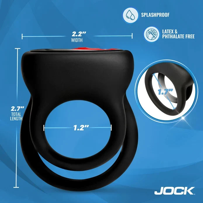 Black ring with measurements on a blue background, featuring the Jock brand.