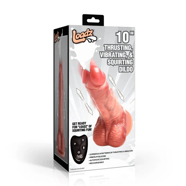 Package of a 10-inch thrusting, vibrating, and squirting dildo with Loadz branding.