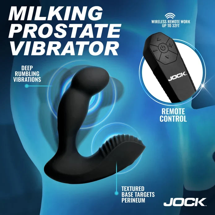 Advertisement for a 'Milking Prostate Vibrator' with remote control on a blue background.