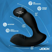 Black silicone product with measurements and features on a blue background, featuring the brand 'JOCK'.