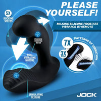 Black silicone prostate vibrator with features highlighted on a blue background, featuring the brand 'JOCK'.