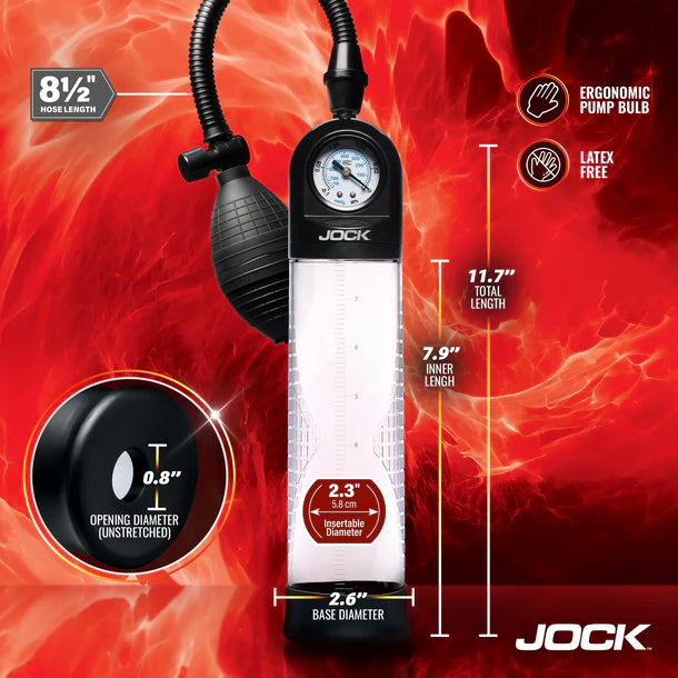Jock penis pump product with measurements and features on a red background