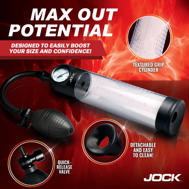 Pump with text 'Max Out Potential' on a red background, featuring Jock brand.