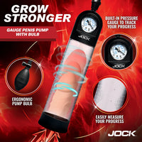 Gauge penis pump with bulb by Jock on a red background
