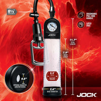 Jock penis pump product with specifications on a red background