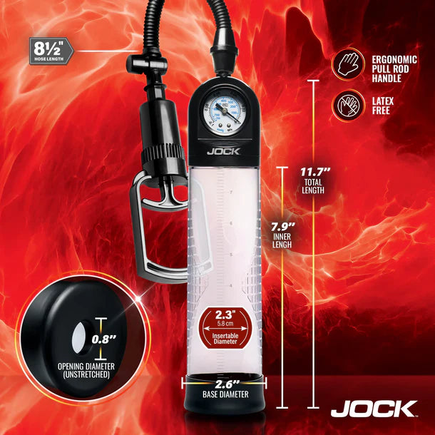 Jock penis pump product with specifications on a red background