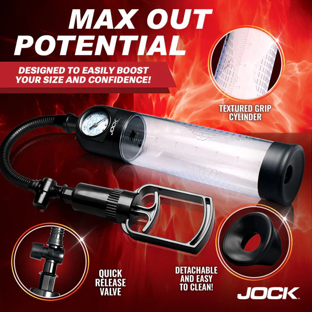 penis pump product with features highlighted on a red background, featuring the brand 'Jock'.