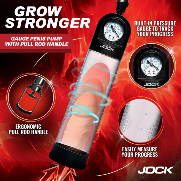 Gauge penis pump with pull rod handle on a red background, featuring Jock brand.