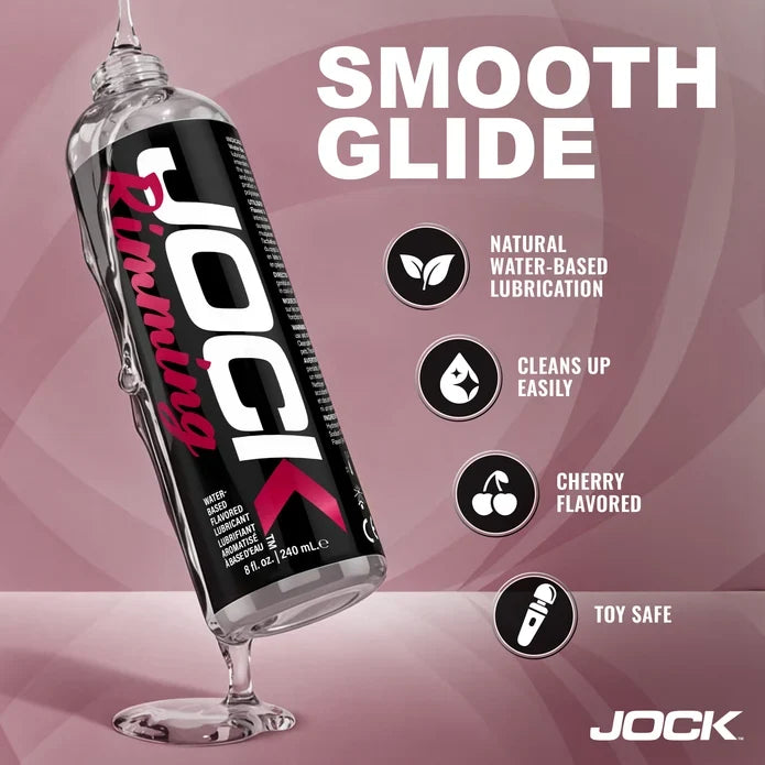 JOCK lubricant bottle with features on a pink background