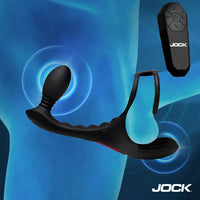 Black JOCK product with remote control on a blue background
