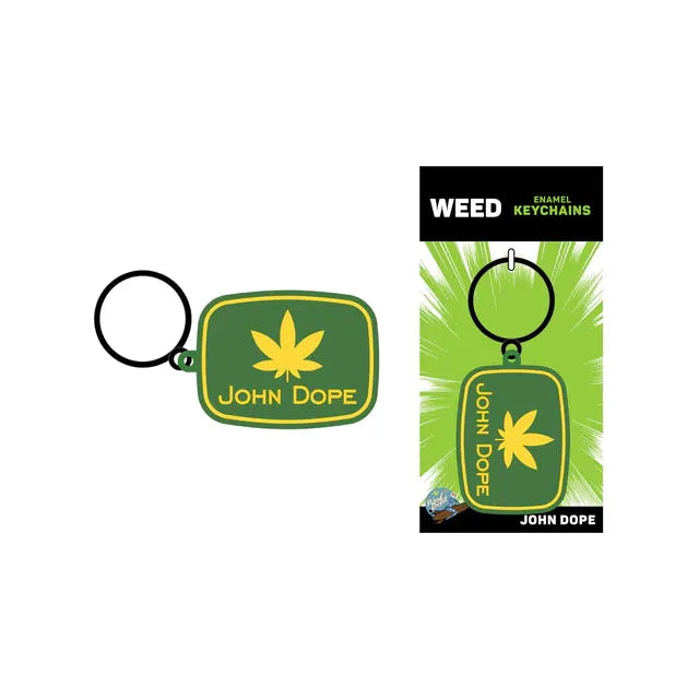This image features the "John Dope Keychain" by Wood Rocket, which is made from premium metal, ensuring durability and a substantial feel. The keychain displays an eye-catching design in vibrant green with a prominent cannabis leaf symbol and the text "John Dope" in bold lettering.