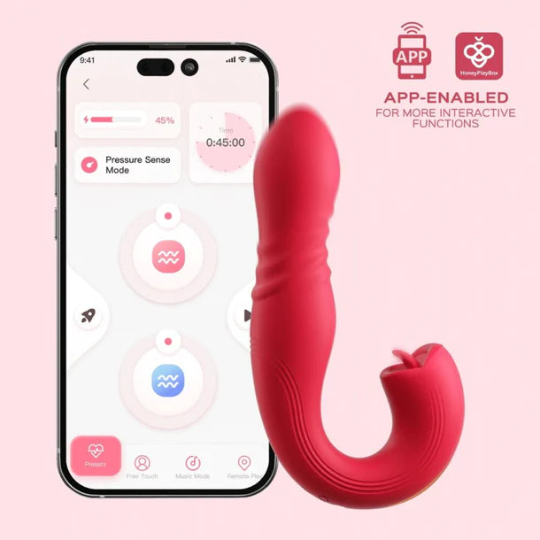 red curved thrusting vibrator with tongue on bottom with phone app