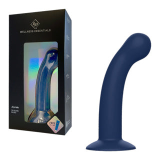 Blue silicone curved dildo with packaging labeled 'Wellness Essentials' on a white background