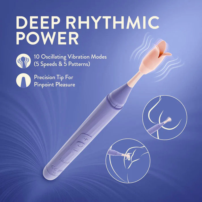 Blue juno oscillating wand with text 'Deep Rhythmic Power' on a blue background