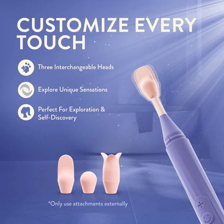Blue juno oscillating wand advertisement with interchangeable heads and exploration theme on a blue background