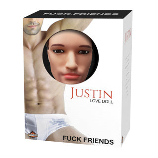 Boxed Justin love doll with text 'Fuck Friends' on a white background
