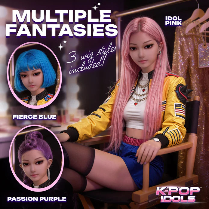 Promotional image of a person with pink hair sitting in a chair, with options for blue and purple wigs displayed.