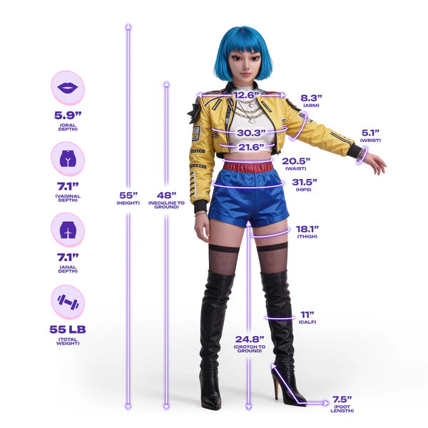 Person wearing a yellow jacket, blue shorts, and black boots with measurements displayed.