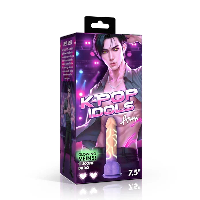 K-POP IDOLS Aaroon Silicone Dildo packaging box, featuring a purple and pink design with an illustration of a man and the product pictured on the front.