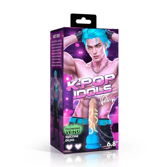 K-POP IDOLS Rion glowing veins silicone dildo packaging, featuring a box with a male model illustration and product preview on a white background.