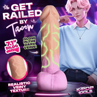 Promotional graphic for a novelty product featuring a realistic dildo with glowing green veins, shown next to an anime-style male model and text overlays including 'GET RAILED BY Taeon' and 'K-POP IDOLS'.