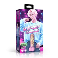 Product packaging for a K-pop themed silicone dildo by Taeon, featuring an illustration of a pink-haired K-pop idol on a purple and blue background with the text 'K-POP IDOLS' and 'Taeon'.
