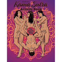 The image displays the cover of the "Kama Sutra Activity Book" by Wood Rocket. It features a colorful and provocative illustration of multiple figures in an intimate pose, set against a vibrant pink and orange background.