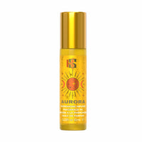 A 10ml bottle of HS Aurora pheromone Infused Fragrance Oil with a metallic gold cap and a yellow label featuring a sun graphic, on a white background.