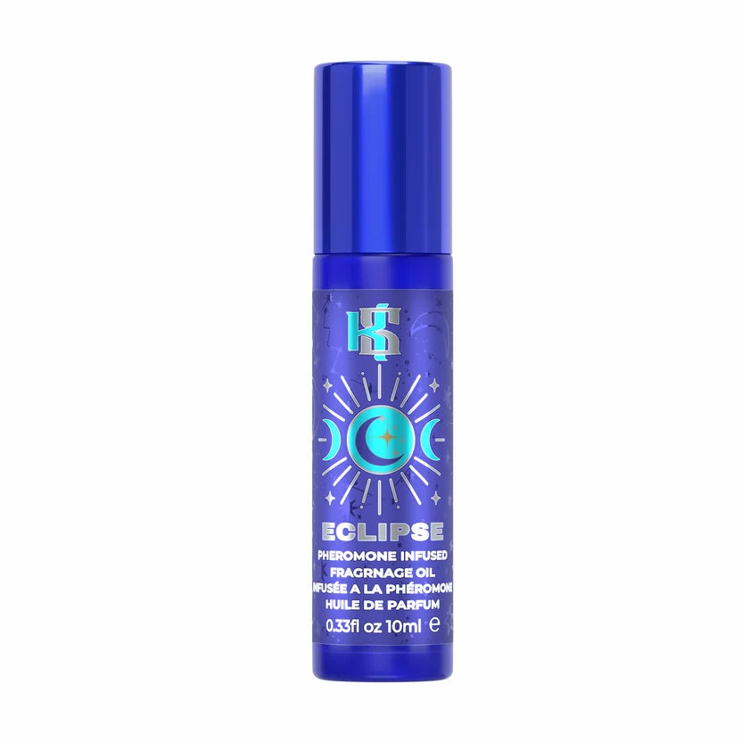 A 10ml bottle of HS Eclipse Pheromone Infused Hair Spray, featuring a vibrant blue bottle with a matching blue cap and a graphic label of a crescent moon and sunburst in light blue and white.