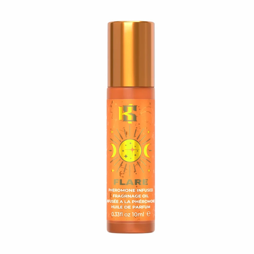 A 10ml roll-on perfume bottle named 'Flare' by the brand kama sutra featuring an orange body with a metallic copper cap and yellow sun graphics on the label.
