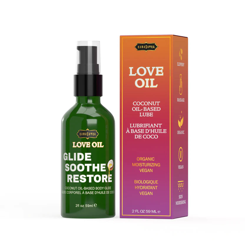 Green bottle and orange box of Love Oil coconut-based lubricant on a white background