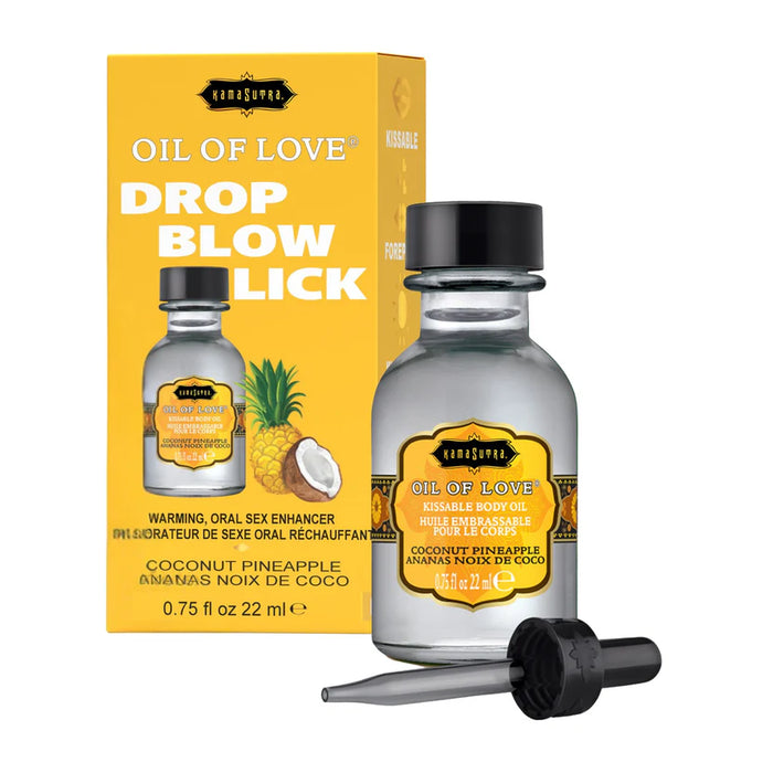Bottle of 'Oil of Love' coconut pineapple with packaging on a white background