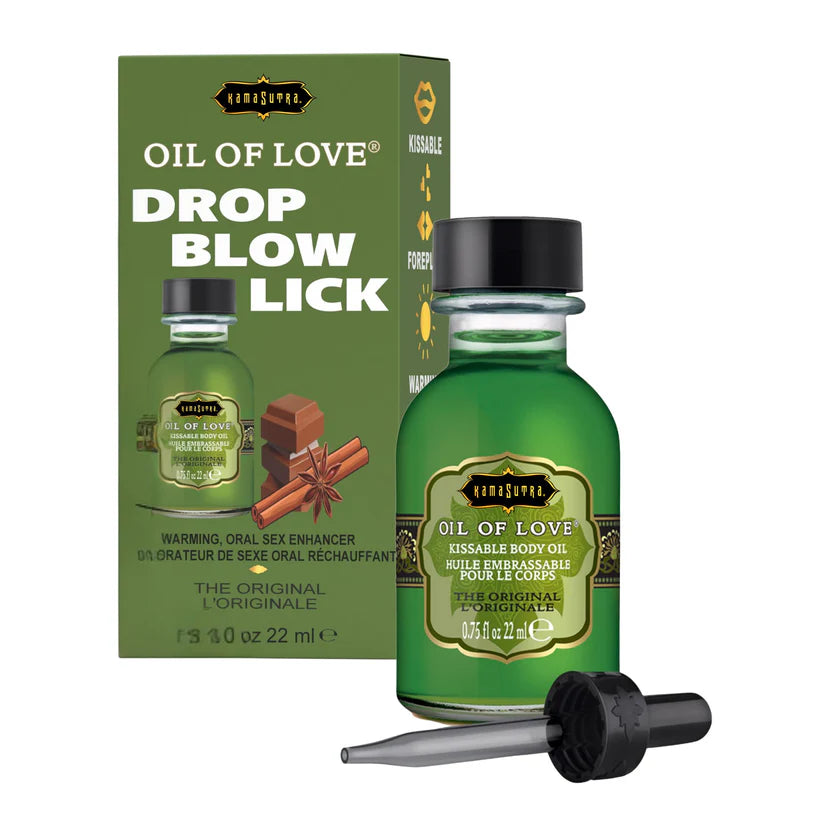 Green bottle of 'Oil of Love' with packaging on a white background