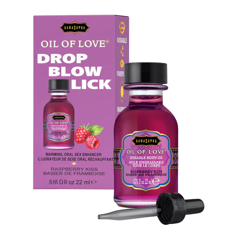 Oil of Love Drop Blow Lick rapberry kiss product with packaging and dropper on a white background
