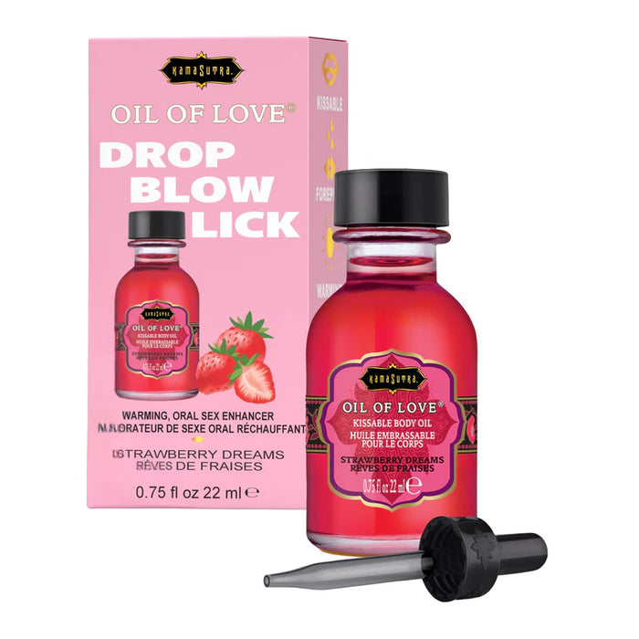 Oil of Love Drop Blow Lick strawberry dreams product with packaging and applicator on a white background