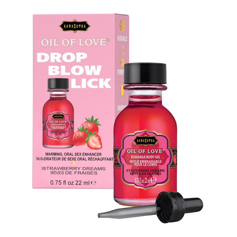 Oil of Love Drop Blow Lick strawberry dreams product with packaging and applicator on a white background
