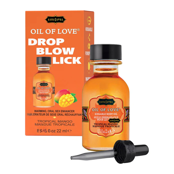 Oil of Love tropical mango Drop Blow Lick product with packaging on a white background
